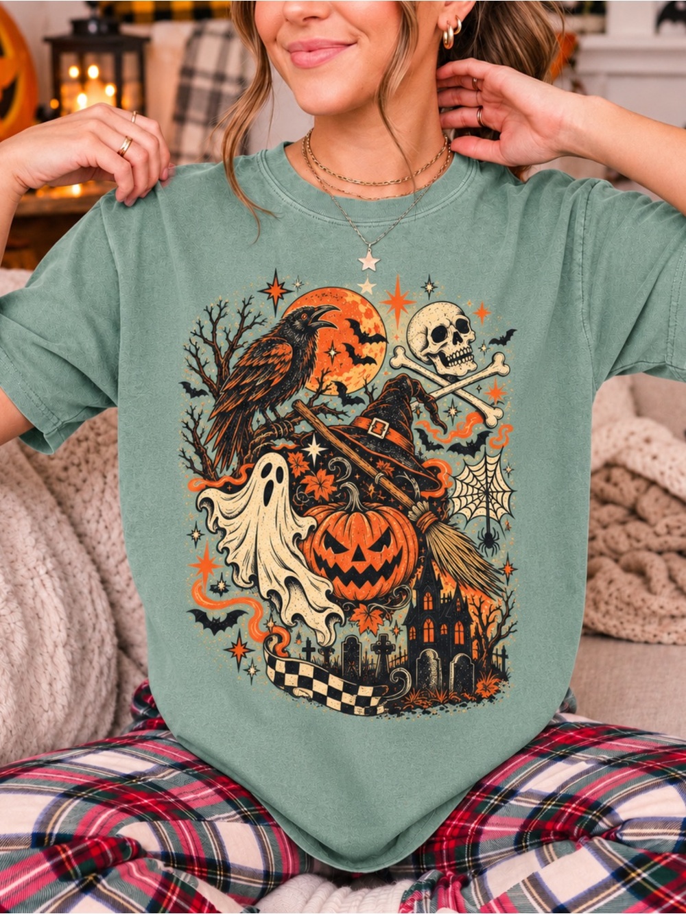 Comfort Colors 1717 Retro Spooky Halloween Graphic T-Shirt Green NWT